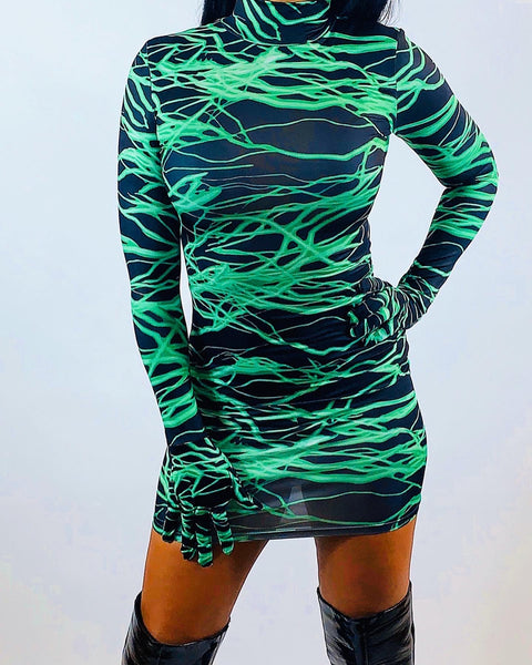 Lightening Print Gloves Long Sleeve Dress