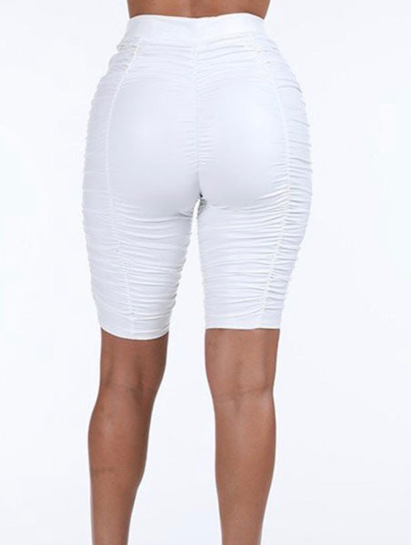 White Ruched PU Biker Shorts