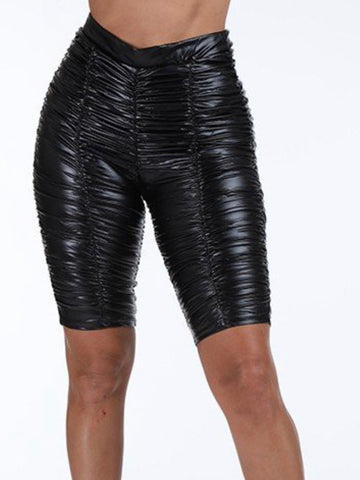 Black Ruched PU Biker Shorts