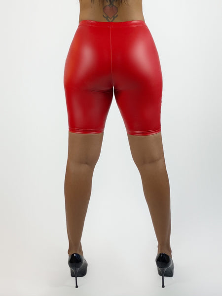 Red PU Biker Shorts