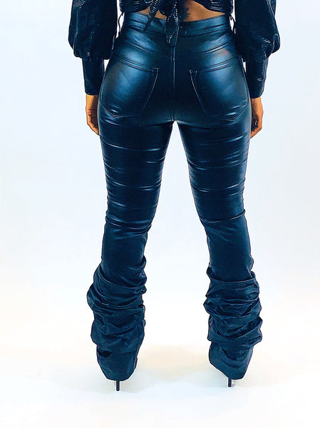 Black Leather Scrunched Pants